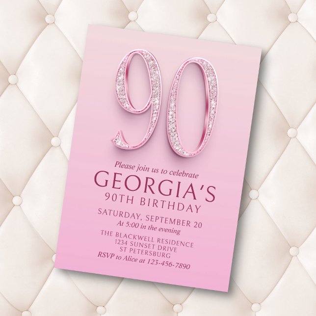 90th Birthday Pink Diamonds Invitation (Creator Uploaded)