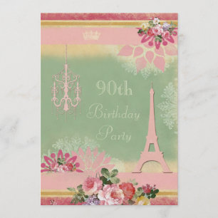 90th Birthday Pink Eiffel Tower and Chandelier Invitation