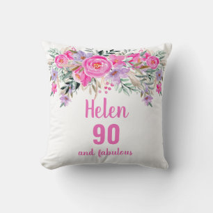 90th birthday pink floral name cushion