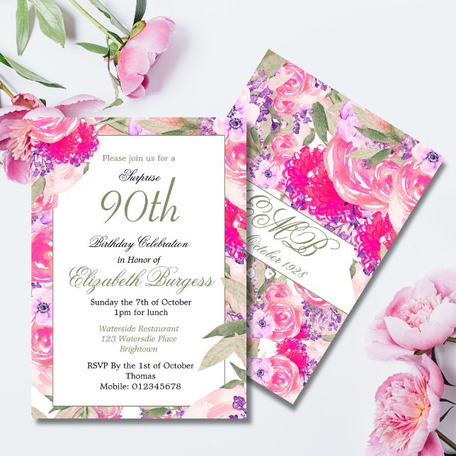 90th Birthday Pink Floral Rose Chic Birthday Invitation (Creator Uploaded)