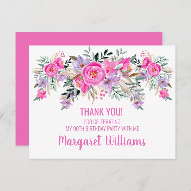 90th birthday pink floral thank you card (Front/Back)