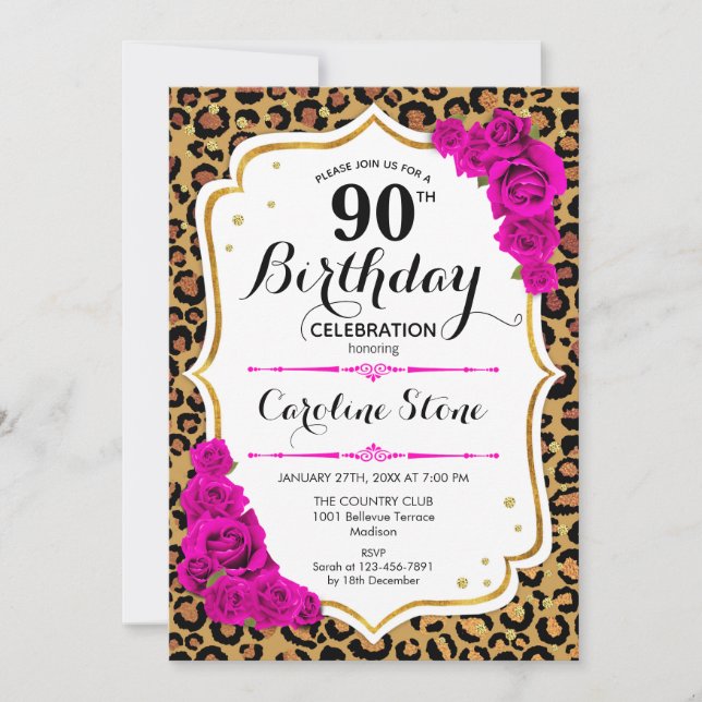 90th Birthday - Pink Gold Leopard Print Invitation (Front)