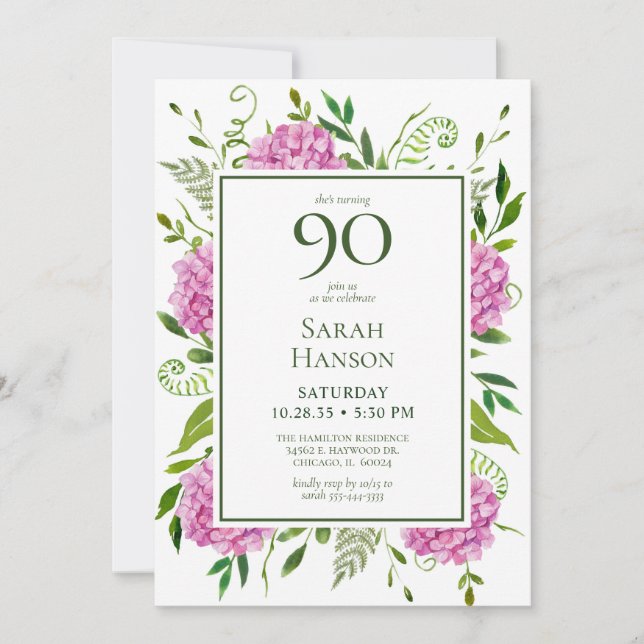 90th Birthday Pink Hydrangeas Card Request  (Front)
