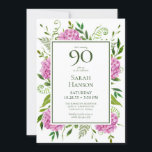 90th Birthday Pink Hydrangeas Card Request<br><div class="desc">This pink hydrangea 90th Birthday invitation with card request on the back is perfect for celebrating your wife, mum, aunt, sister, friend, grandmother. It's lovely watercolor flowers and clean type make it stunning, modern yet classic! It's super easy to make these invitations by selecting Personalise this template and typing in...</div>