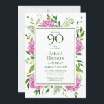 90th Birthday Pink Hydrangeas Card Request<br><div class="desc">This pink hydrangea 90th Birthday invitation with card request on the back is perfect for celebrating your wife, mum, aunt, sister, friend, grandmother. It's lovely watercolor flowers and clean type make it stunning, modern yet classic! It's super easy to make these invitations by selecting Personalise this template and typing in...</div>