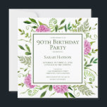 90th Birthday Pink Hydrangeas Card Request<br><div class="desc">This pink hydrangea 90th birthday card request invitation is whimsical and stunning! With its watercolor multi-hued pink hydrangeas, wispy natural greenery it is perfect for celebrating your loved one. The back has a beautifully worded fully customisable card request and a lovely coordinating pink hydrangeas bouquet. By selecting Personalise this template...</div>