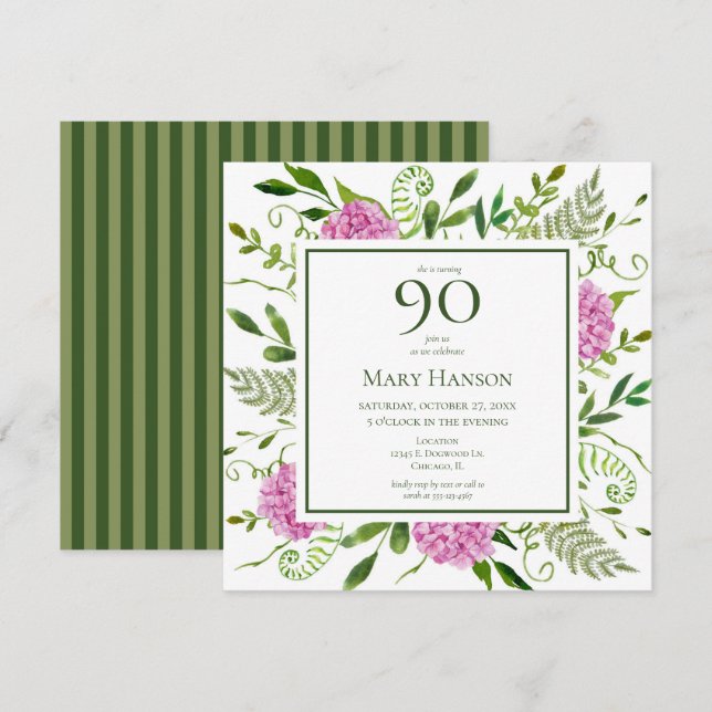 90th Birthday Pink Hydrangeas Invitation (Front/Back)