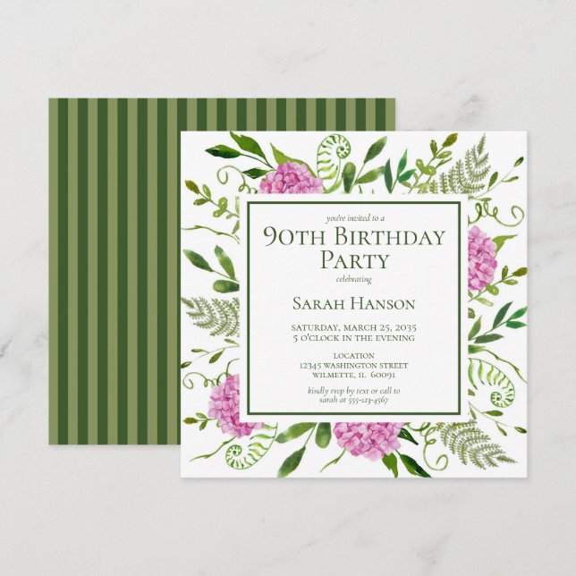 90th Birthday Pink Hydrangeas Invitation (Front/Back)