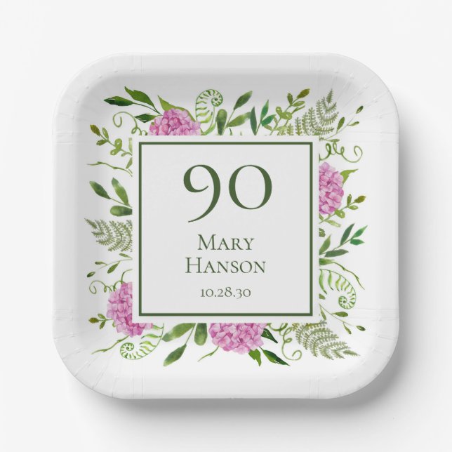 90th Birthday Pink Hydrangeas Paper Plate (Front)