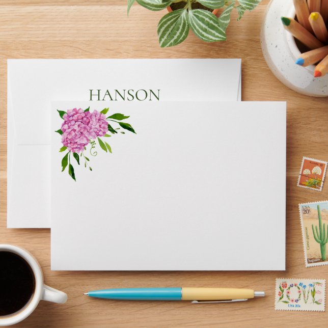 90th Birthday Pink Hydrangeas Return Address Envelope (Desk)