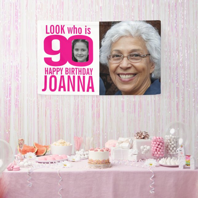 90th birthday pink look 90 custom photo now then banner (Party)