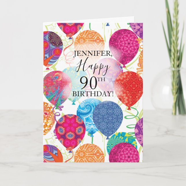 90th Birthday Pink Orange Turquoise Balloons  Card (Front)