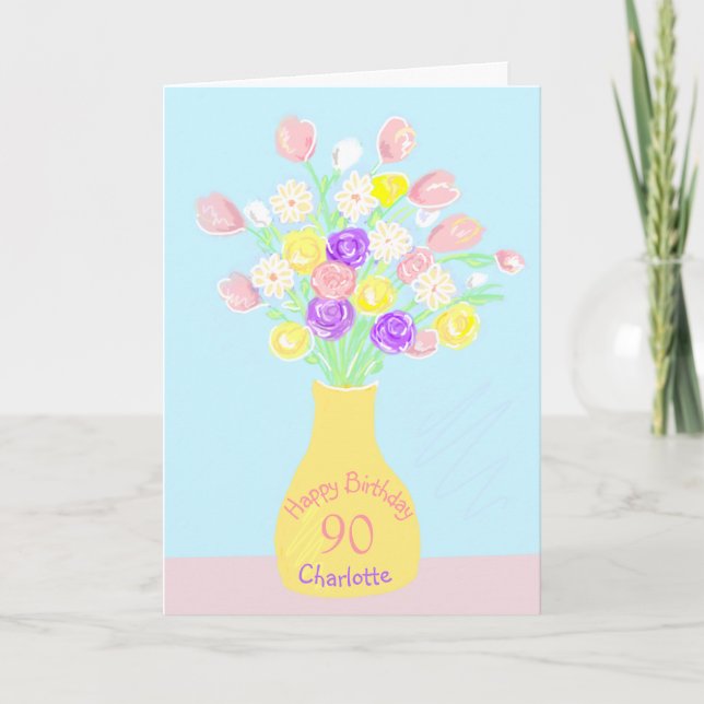 90th birthday pink & purple flower vase card (Front)
