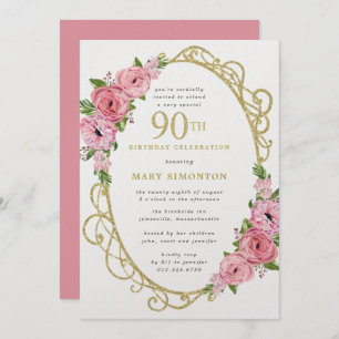 90th Birthday Pink Rose Floral Gold Invitation