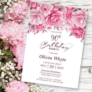 90th Birthday Pink Rose Floral Party Invitation