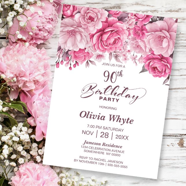 90th Birthday Pink Rose Floral Party Invitation (Creator Uploaded)