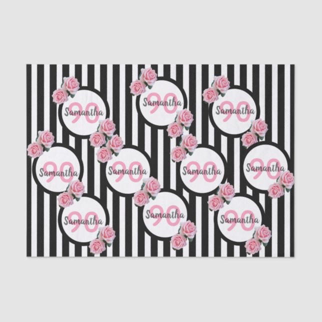 90th birthday pink roses black white stripes tissue paper (Front)