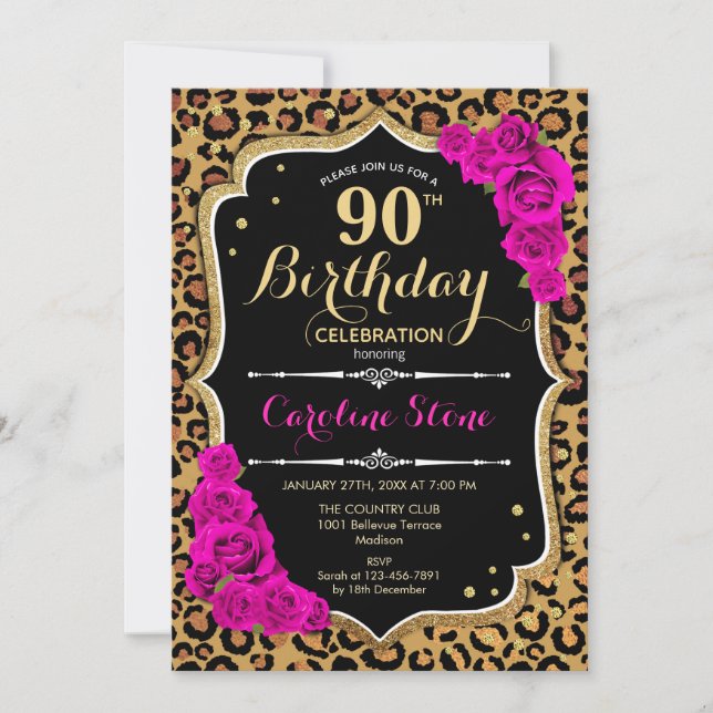 90th Birthday - Pink Roses Leopard Print Invitation (Front)