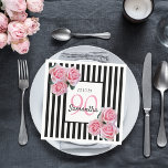 90th birthday pink roses on black white stripes napkin<br><div class="desc">A napkin for a 90th birthday party. Classic slim black and white vertical stripes as background. With girly and feminine pink roses as decoration. A white and pink frame on front with template for age, name and date. Age number 90 in pink, name and date in black. The name is...</div>