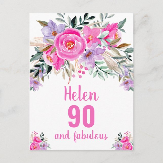 90th birthday pink watercolor floral card (Front)