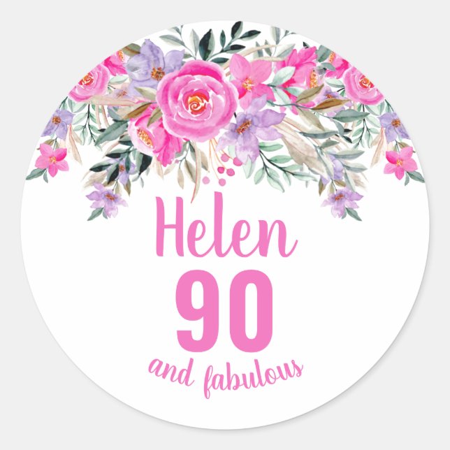 90th birthday pink watercolor floral classic round sticker (Front)