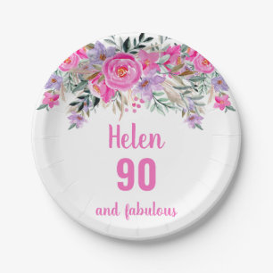 90th birthday pink watercolor floral paper plate