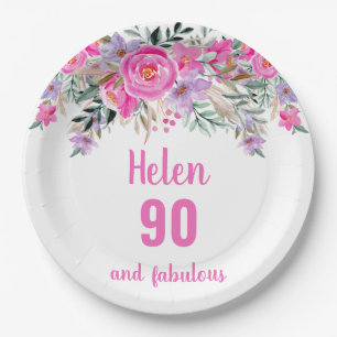90th birthday pink watercolor floral  paper plate