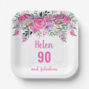 90th birthday pink watercolor floral paper plate