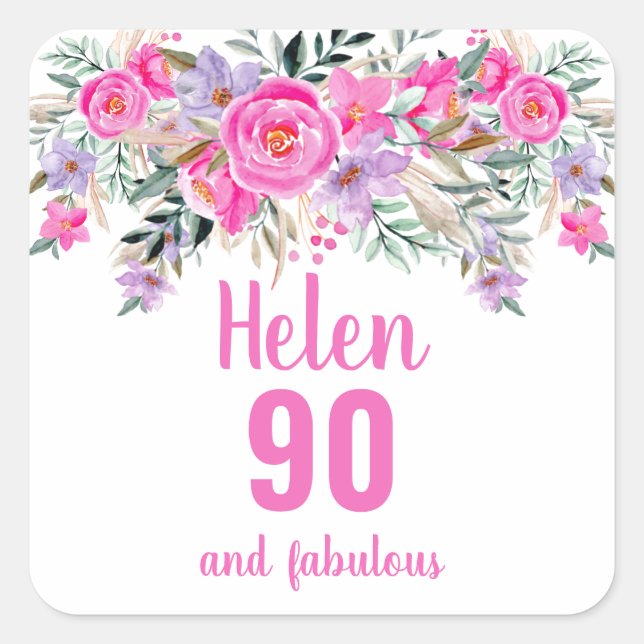 90th birthday pink watercolor floral square sticker (Front)
