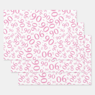 90th Birthday Pink & White Random Number Pattern Wrapping Paper Sheet