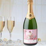 90th birthday pink white stripes floral photo sparkling wine label<br><div class="desc">A label for a 90th birthday party. Classic slim pink and white vertical stripes as background.  With girly and feminine flowers,  pink roses and peonies as decoration.  
A frame on front with template for age 90,  name and dates. Template for your own vertical photo.</div>