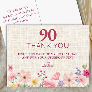 90th Birthday Pink Wildflower Linen Thank You Postcard