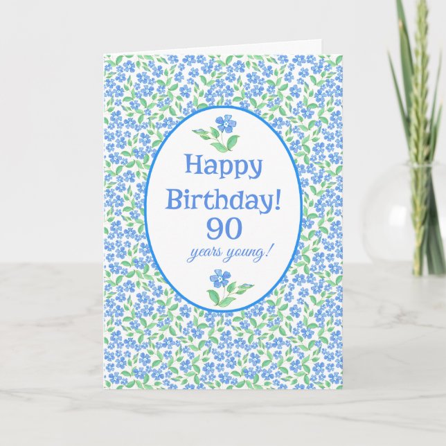 90th Birthday Pretty Blue Green Periwinkle Flowers Card (Front)