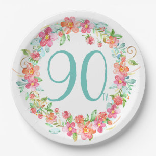 90th birthday pretty watercolor floral party paper plate