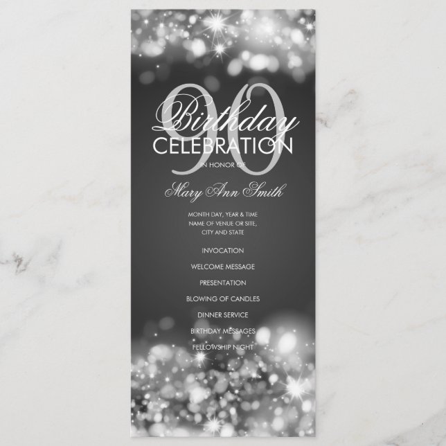 90th Birthday Program Glam Lights Silver Menu (Front)
