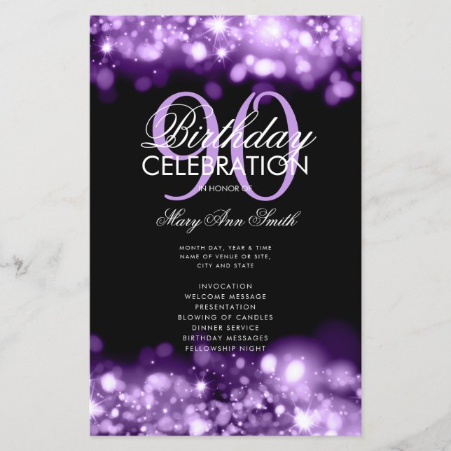 90th Birthday Program Lights Purple w/ Menu (Front)