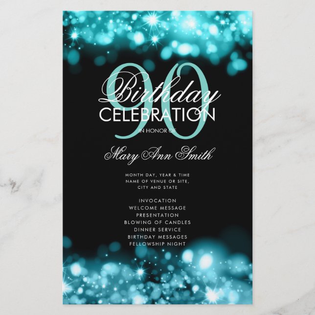 90th Birthday Program Lights Teal Menu (Front)