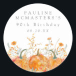 90th Birthday Pumpkin Wildflower Custom Favour Classic Round Sticker<br><div class="desc">Fall pumpkins are nestled in delicate golden yellow and orange wildflowers to create an elegant aesthetic. All of the text is editable so you can easily craft your own special mood.</div>