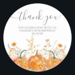 90th Birthday Pumpkin Wildflower Custom Thank You Classic Round Sticker<br><div class="desc">Fall pumpkins are nestled in delicate golden yellow and orange wildflowers to create an elegant aesthetic. All of the text is editable so you can easily craft your own special mood.</div>