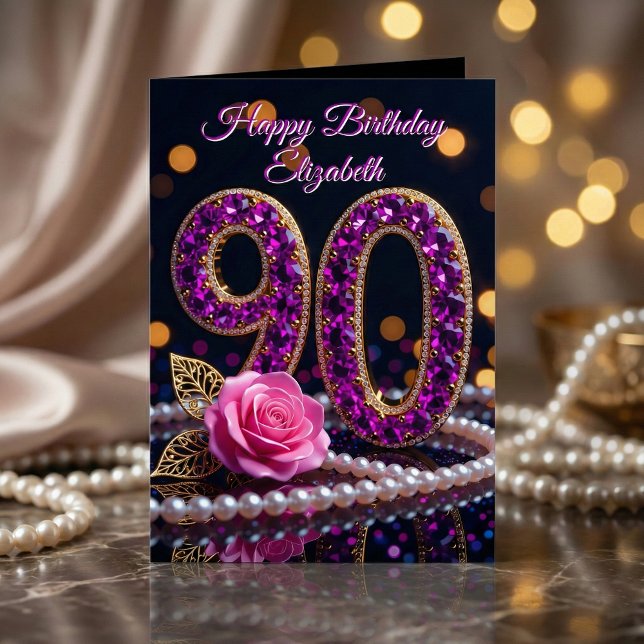 90th Birthday Purple Amethyst Jewels Pink Rose Card (Creator Uploaded)