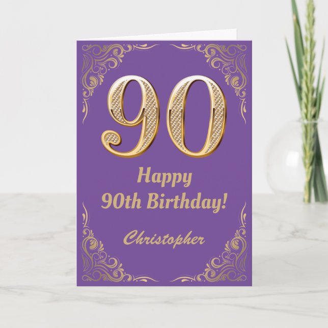 90th Birthday Purple and Gold Glitter Frame Card (Front)