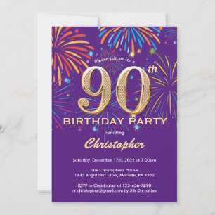 90th Birthday Purple and Gold Rainbow Fireworks Invitation