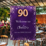 90th birthday purple glitter sparkles welcome poster<br><div class="desc">A welcome poster for a girly and glamourous 90th birthday party.  A deep purple background decorated with faux glitter,  sparkles. The purple colour is uneven. Personalise and a name.</div>