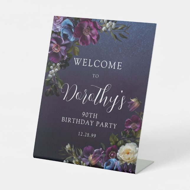 90th Birthday Purple Moody Flower Custom Welcome  Pedestal Sign (Front)