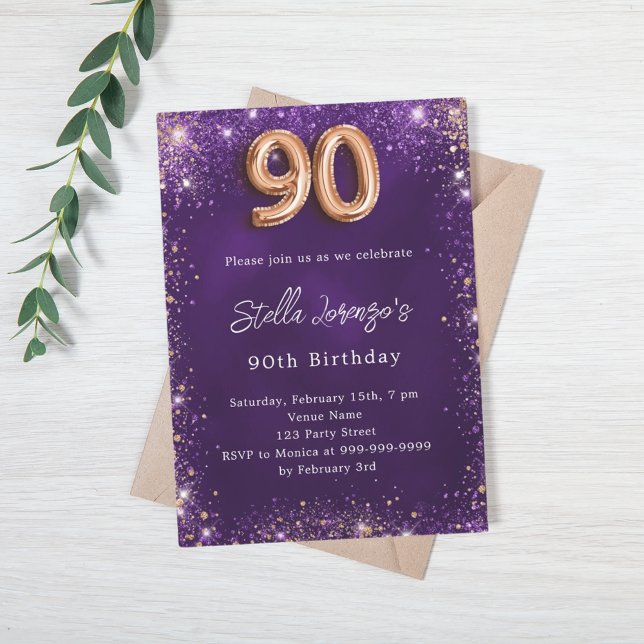90th Birthday purple rose gold Invitation (Creator Uploaded)