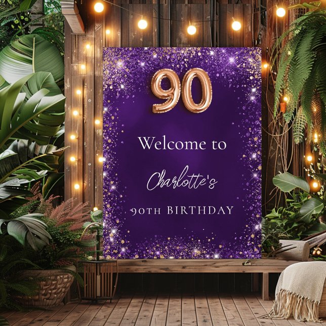 90th birthday purple sparkles welcome poster (Creator Uploaded)