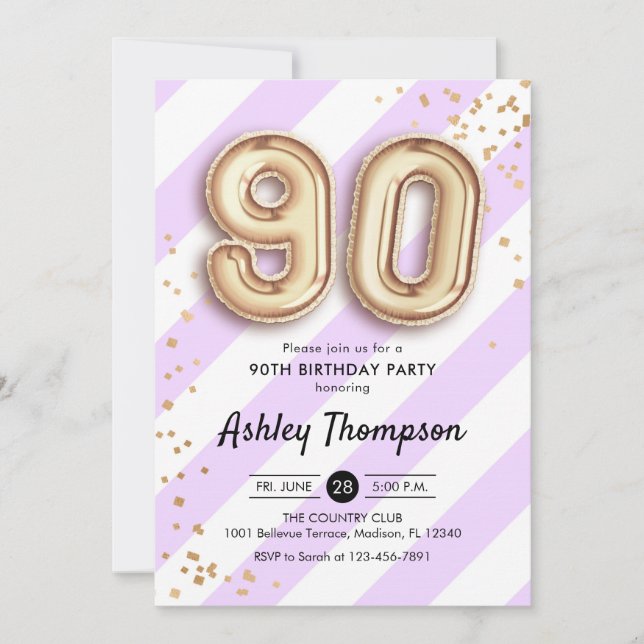 90th Birthday - Purple Stripes Gold Balloons Invitation (Front)