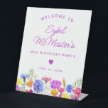 90th Birthday Purple Wildflowers Welcome Sign<br><div class="desc">Elegant spring watercolor wildflowers create a beautiful and feminine floral border that is accented with small heart. A trendy font combination gives it a modern aesthetic. All of the text is editable.</div>