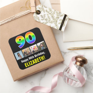 90th Birthday: Rainbow “90”; Custom Photos & Name Square Sticker