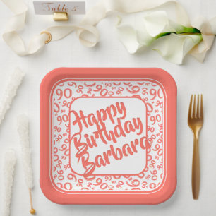 90th Birthday Random Number Pattern Coral White Paper Plate